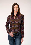 WOMENS LONG SLEEVE SNAP RED AZTEC HORIZONTAL STRIPE WESTERN SHIRT