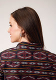 WOMENS LONG SLEEVE SNAP RED AZTEC HORIZONTAL STRIPE WESTERN SHIRT