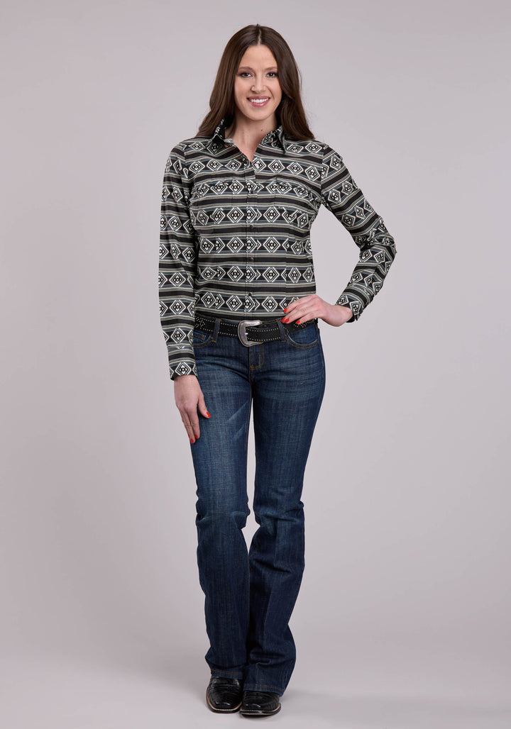 WOMENS LONG SLEEVE SNAP AZTEC STRIPE WESTERN SHIRT