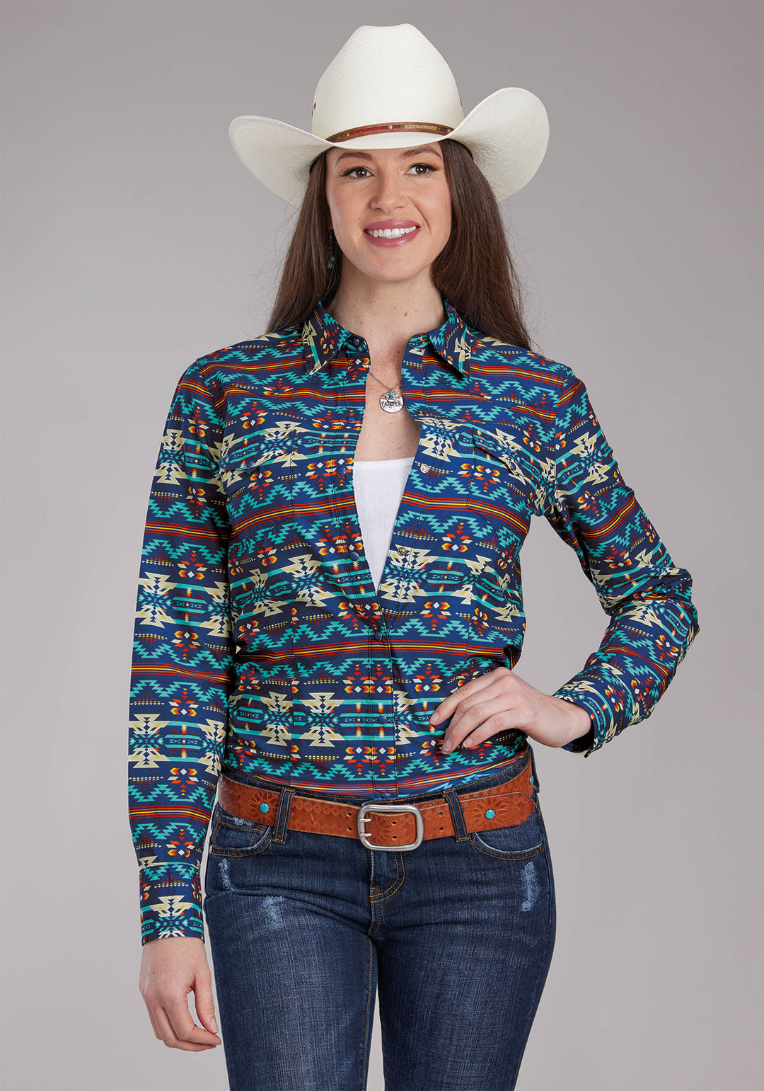 WOMENS HORIZONTAL NAVAJO AZTEC PRINT LONG SLEEVE SNAP WESTERN SHIRT