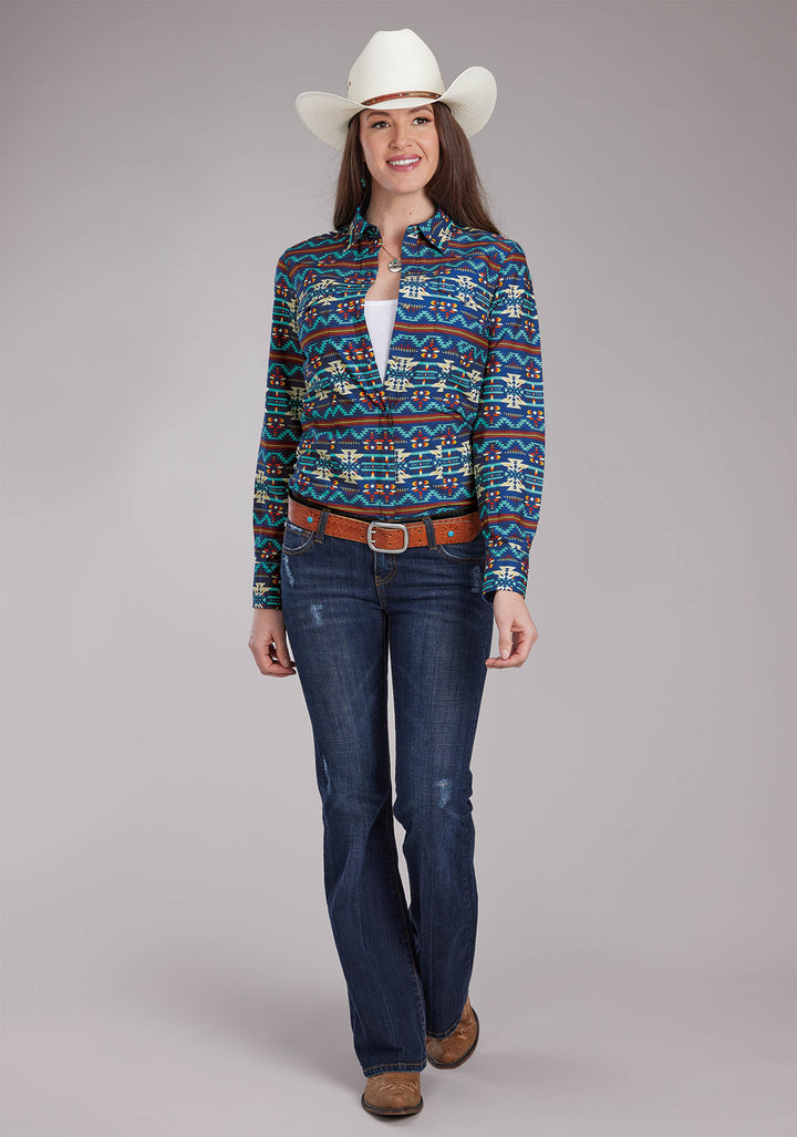 WOMENS HORIZONTAL NAVAJO AZTEC PRINT LONG SLEEVE SNAP WESTERN SHIRT