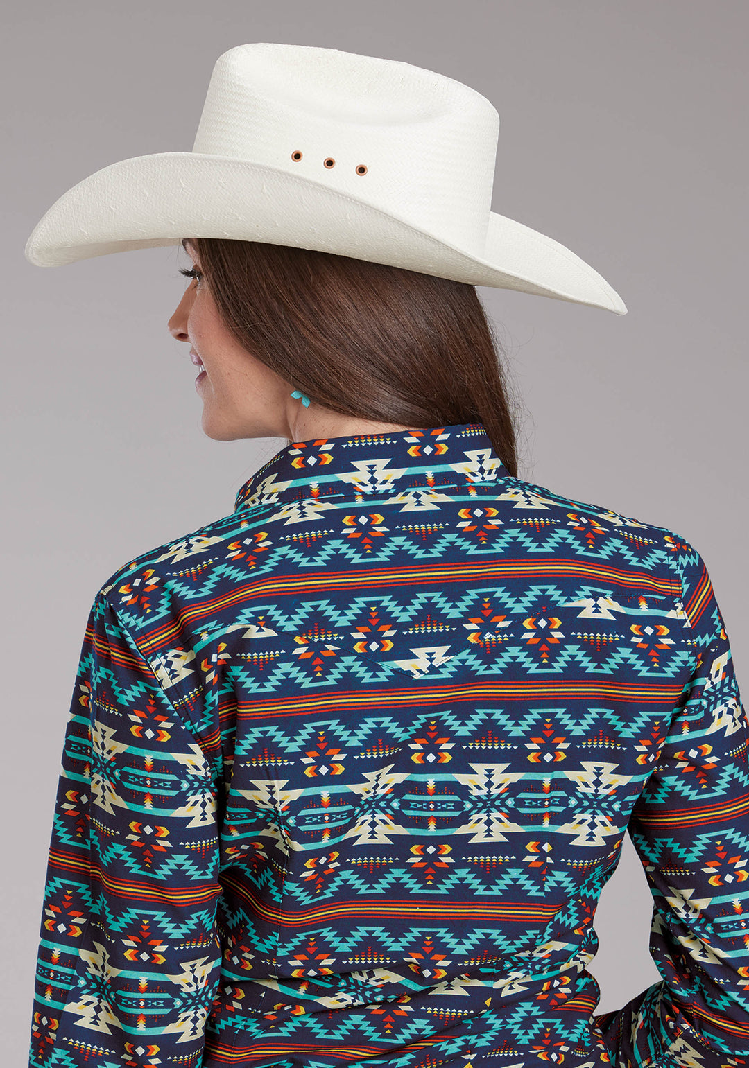 WOMENS HORIZONTAL NAVAJO AZTEC PRINT LONG SLEEVE SNAP WESTERN SHIRT