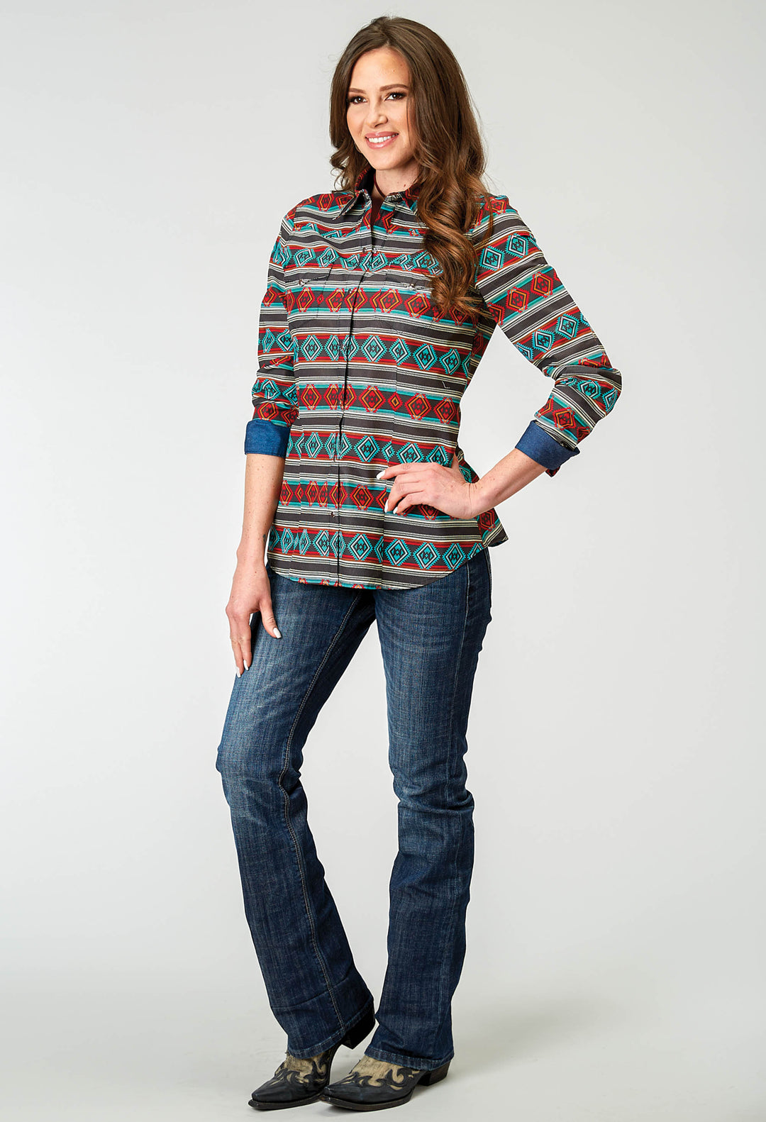 WOMENS LONG SLEEVE SNAP AZTEC STRIPE PRINT WESTERN SHIRT