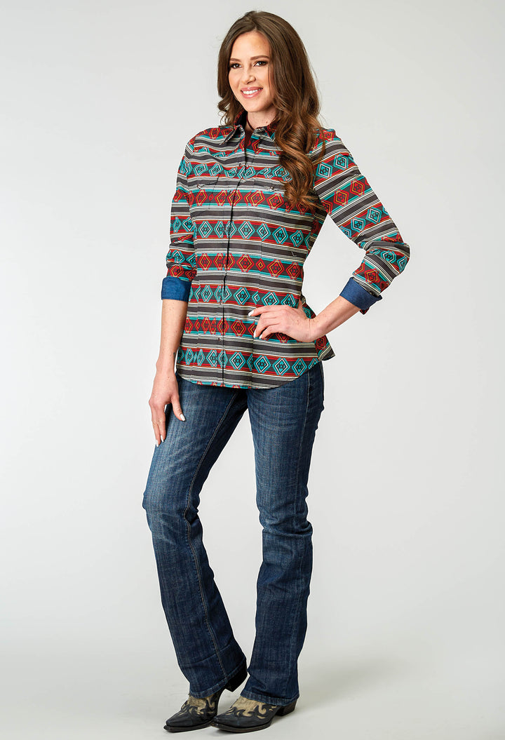 WOMENS LONG SLEEVE SNAP AZTEC STRIPE PRINT WESTERN SHIRT