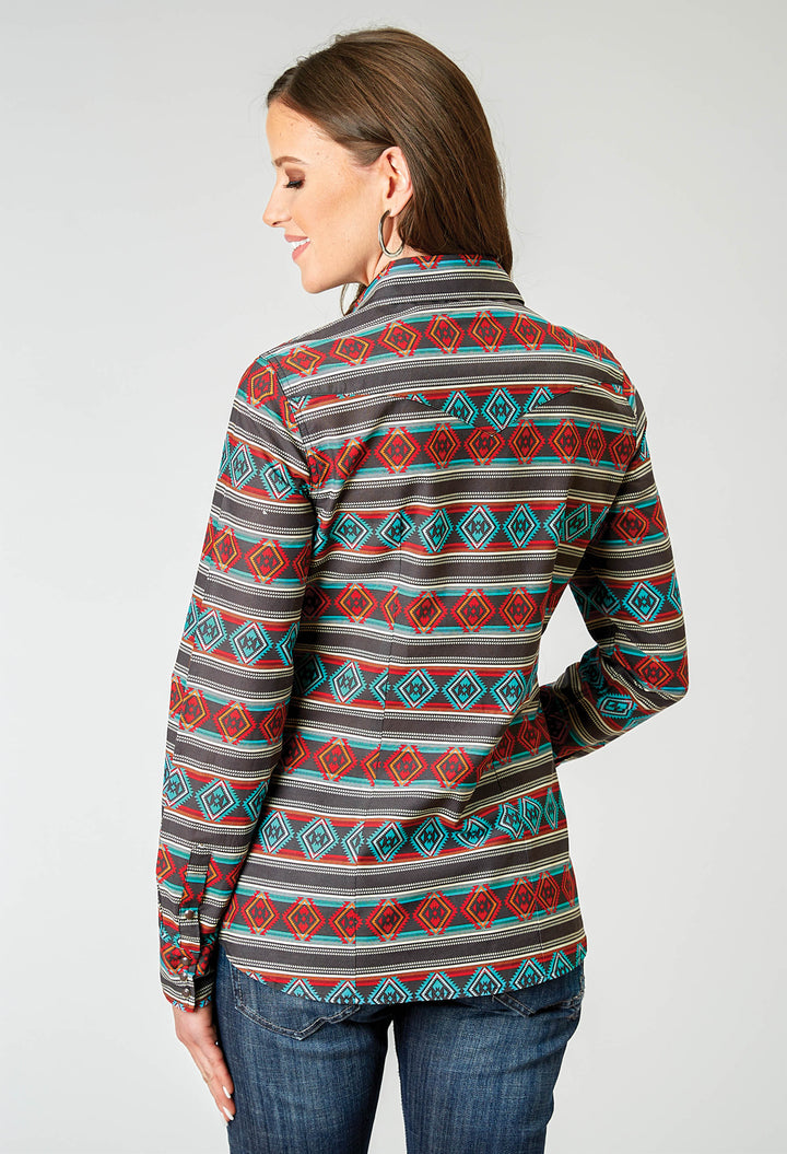 WOMENS LONG SLEEVE SNAP AZTEC STRIPE PRINT WESTERN SHIRT