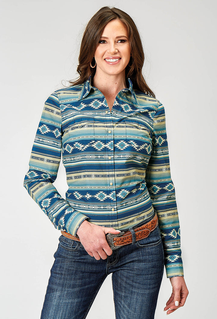 WOMENS LONG SLEEVE SNAP AZTEC BLANKET PRINT WESTERN SHIRT