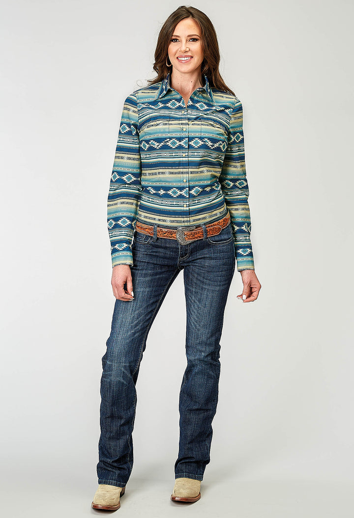 WOMENS LONG SLEEVE SNAP AZTEC BLANKET PRINT WESTERN SHIRT