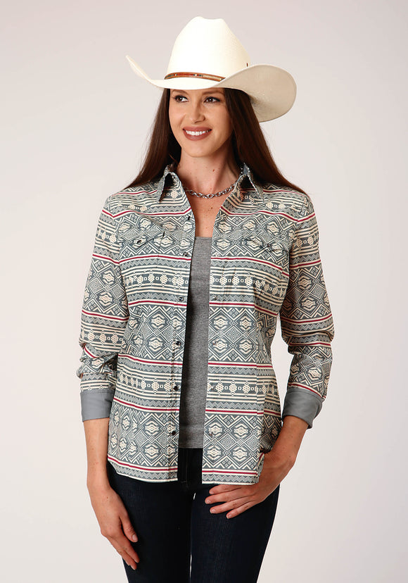 WOMENS LONG SLEEVE SNAP TRIBAL TEXTURE PRINT WESTERN SHIRT