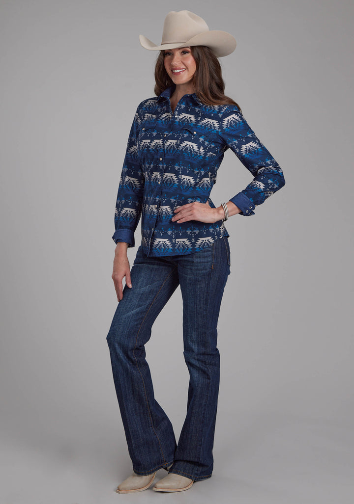 WOMENS OMBRE AZTEC PRINT LONG SLEEVE SNAP WESTERN SHIRT