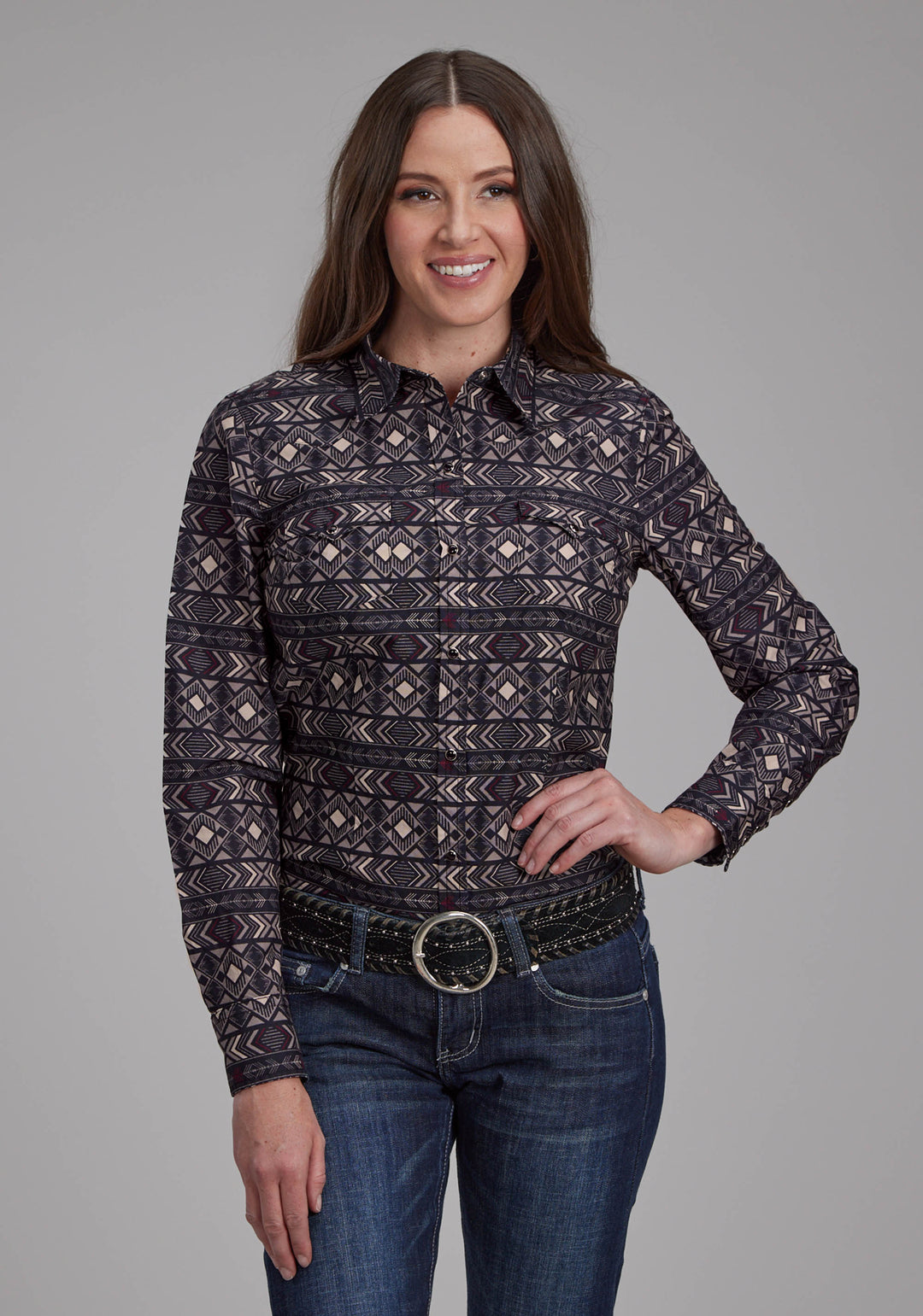 WOMENS POP COLOR AZTEC PRINT LONG SLEEVE SNAP WESTERN SHIRT