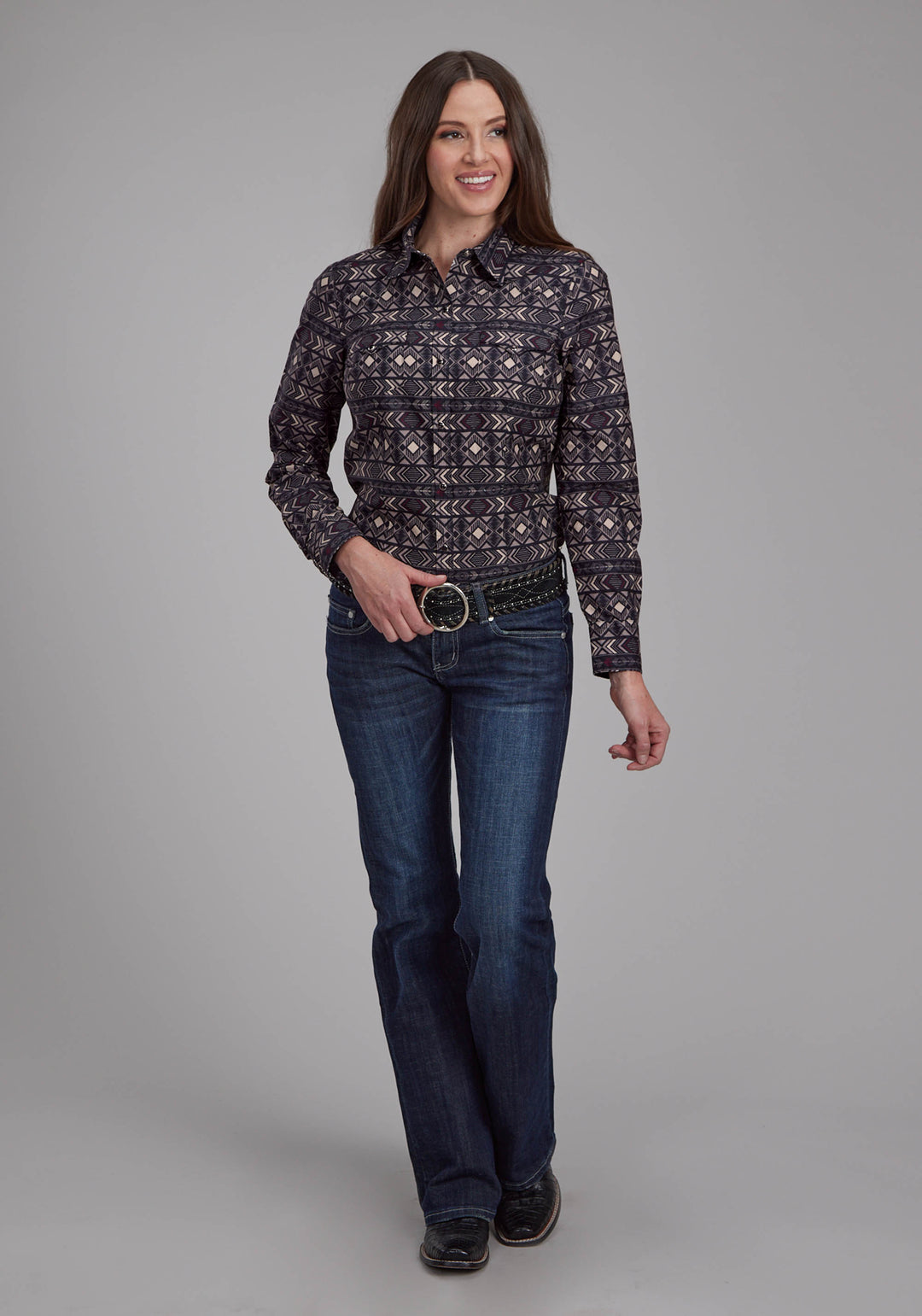 WOMENS POP COLOR AZTEC PRINT LONG SLEEVE SNAP WESTERN SHIRT