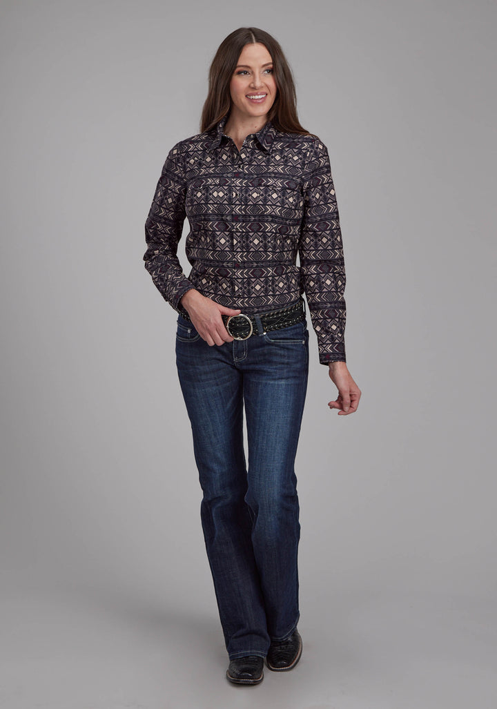 WOMENS POP COLOR AZTEC PRINT LONG SLEEVE SNAP WESTERN SHIRT