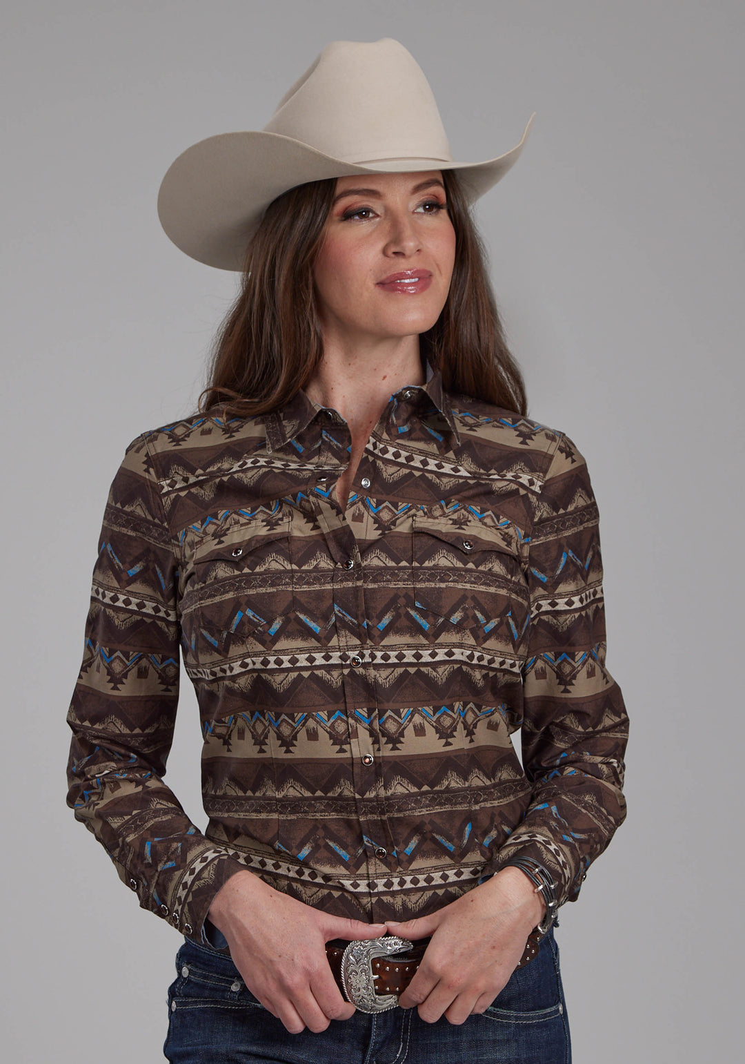 WOMENS DISTRESSED AZTEC PRINT LONG SLEEVE SNAP WESTERN SHIRT