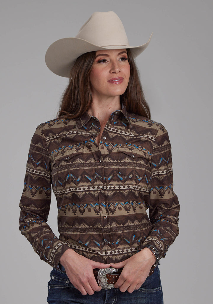 WOMENS DISTRESSED AZTEC PRINT LONG SLEEVE SNAP WESTERN SHIRT
