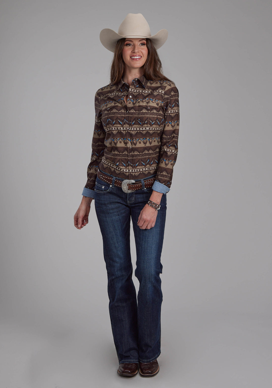 WOMENS DISTRESSED AZTEC PRINT LONG SLEEVE SNAP WESTERN SHIRT