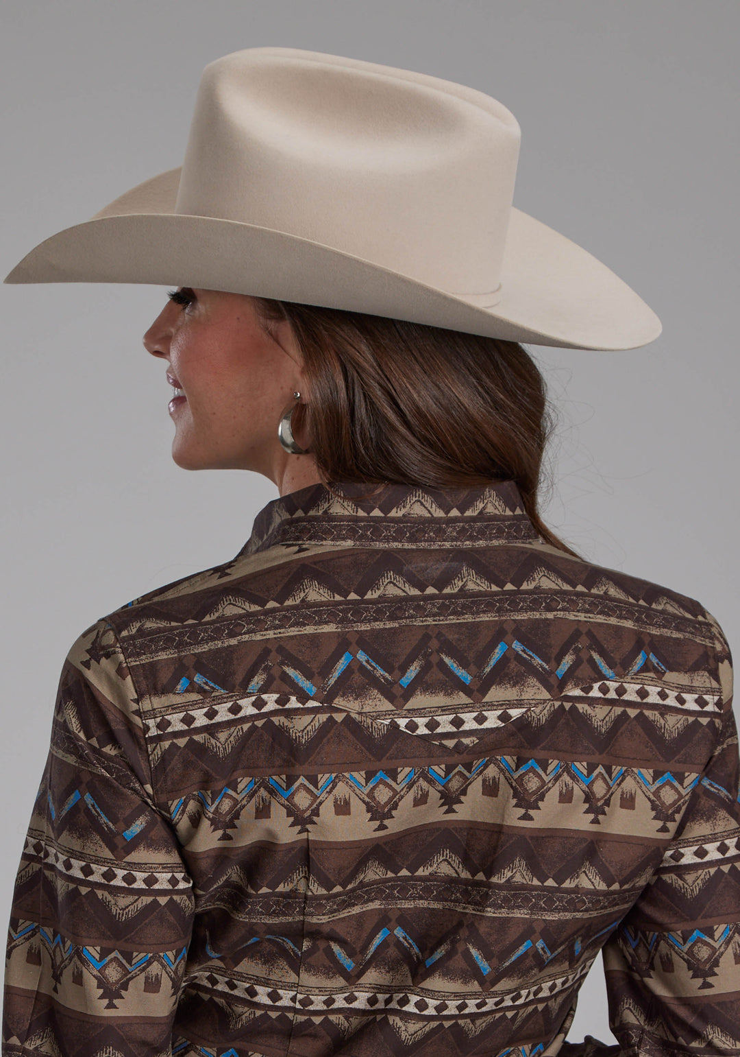 WOMENS DISTRESSED AZTEC PRINT LONG SLEEVE SNAP WESTERN SHIRT