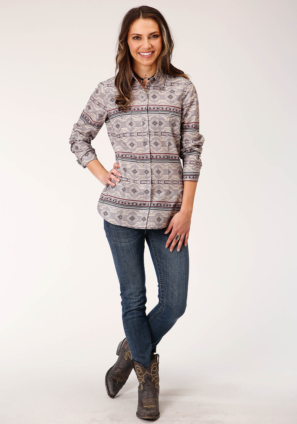 WOMENS LONG SLEEVE SNAP BLANKET AZTEC PRINT WESTERN SHIRT