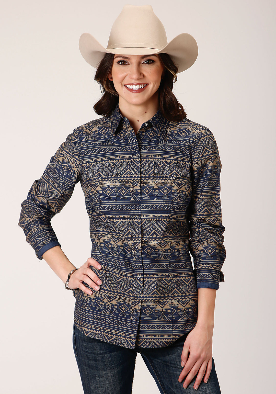WOMENS LONG SLEEVE SNAP NAVY HORIZONTAL AZTEC STRIPE WESTERN SHIRT