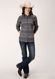 WOMENS LONG SLEEVE SNAP NAVY HORIZONTAL AZTEC STRIPE WESTERN SHIRT