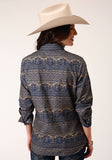 WOMENS LONG SLEEVE SNAP NAVY HORIZONTAL AZTEC STRIPE WESTERN SHIRT