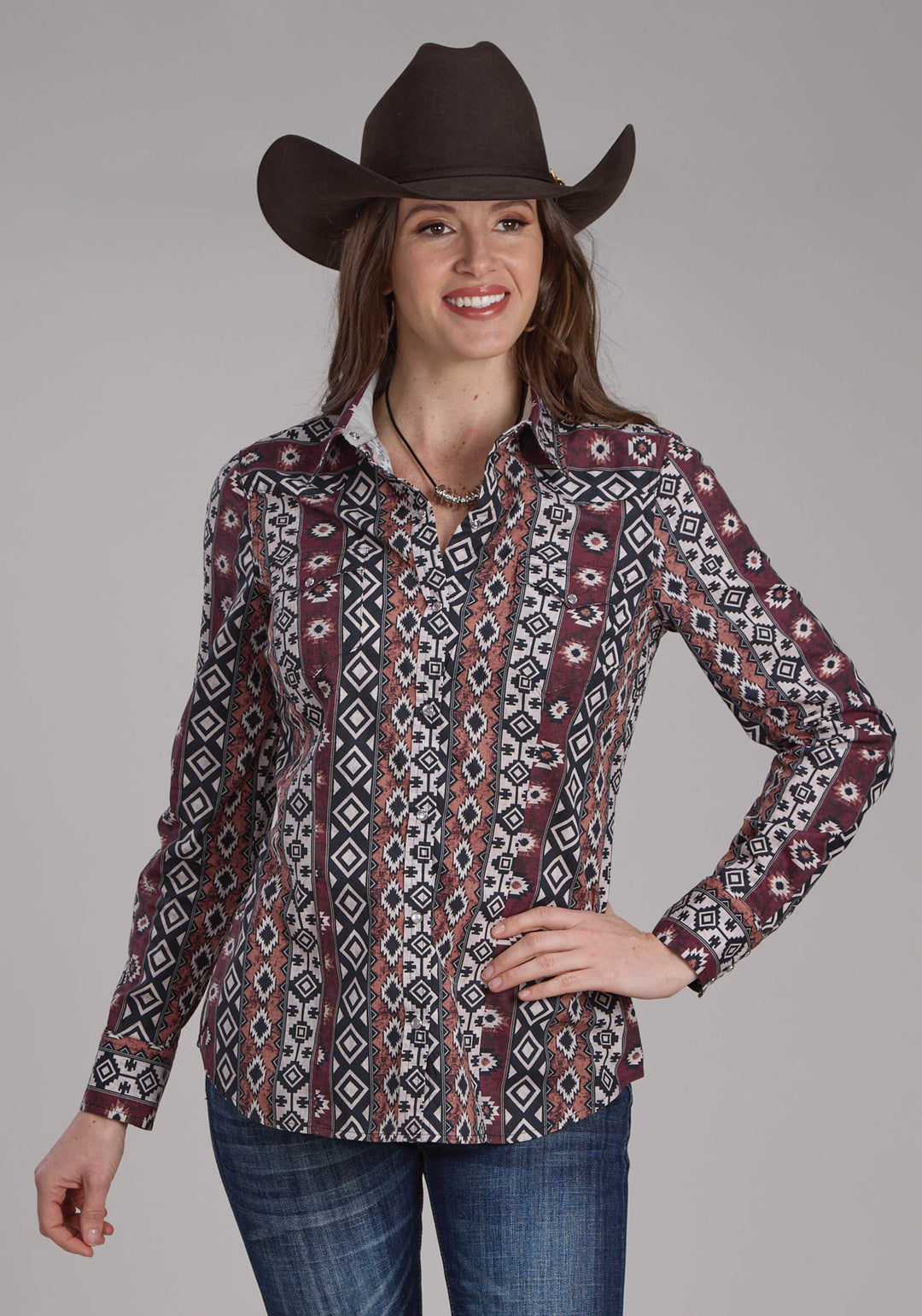 WOMENS WINTER AZTEC PRINT LONG SLEEVE SNAP WESTERN SHIRT