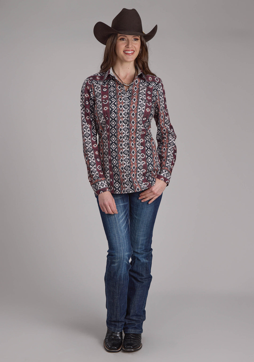 WOMENS WINTER AZTEC PRINT LONG SLEEVE SNAP WESTERN SHIRT