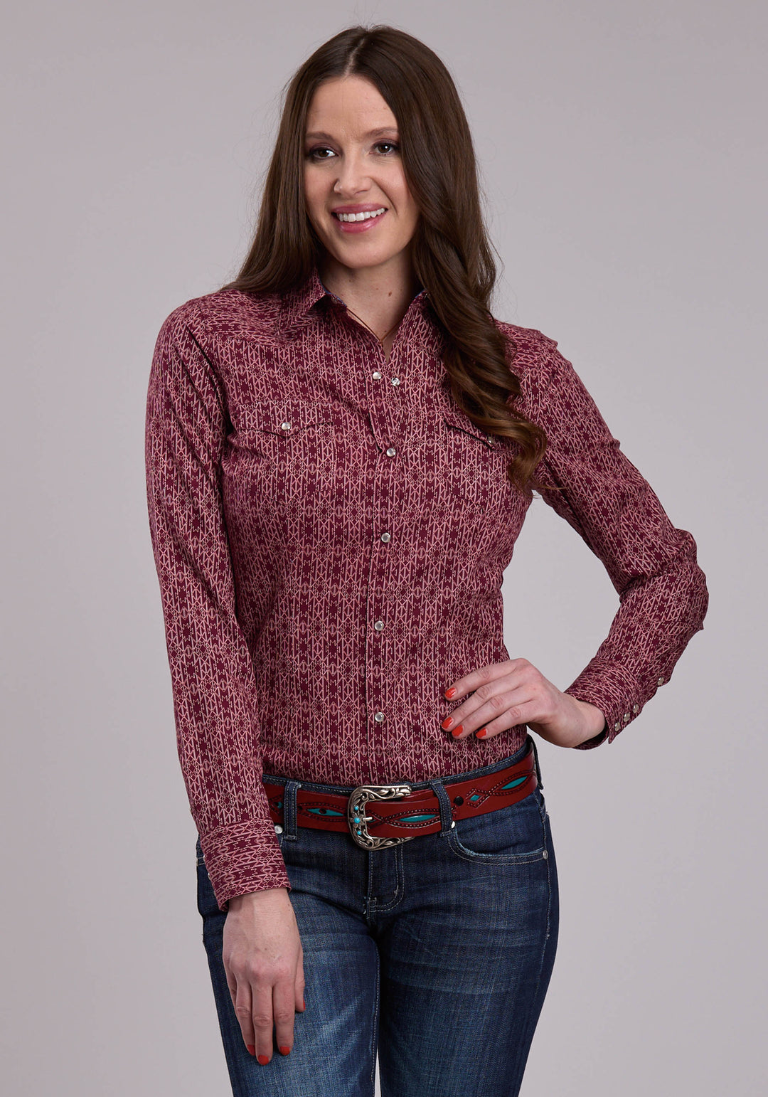 WOMENS LONG SLEEVE SNAP LINEAR AZTEC PRINT WESTERN SHIRT