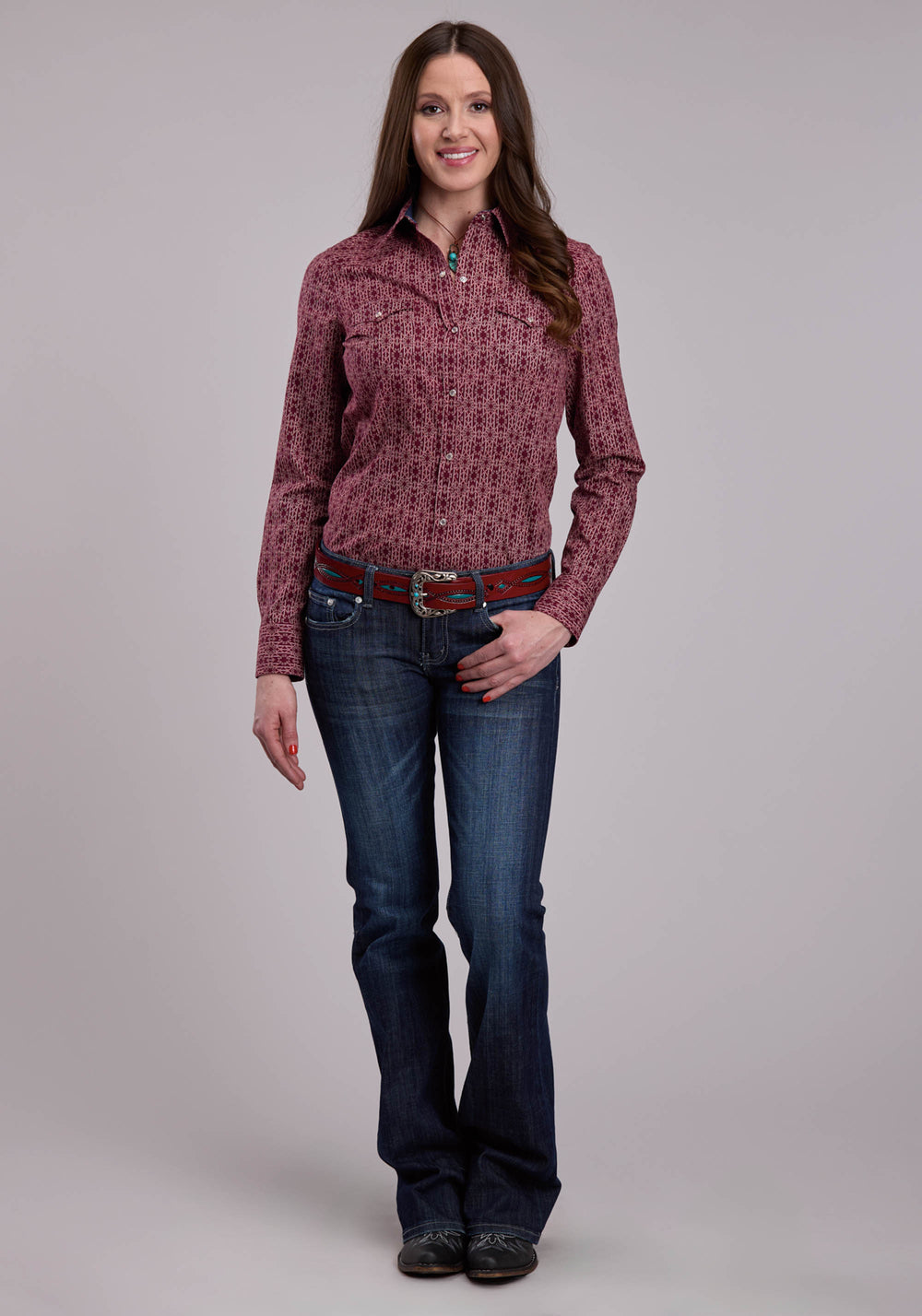 WOMENS LONG SLEEVE SNAP LINEAR AZTEC PRINT WESTERN SHIRT