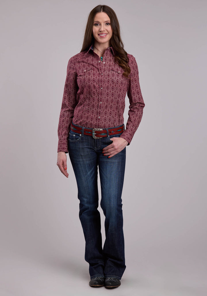 WOMENS LONG SLEEVE SNAP LINEAR AZTEC PRINT WESTERN SHIRT