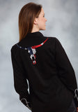 WOMENS BLACK WITH RED WHITE AND BLUE AMERICAN FLAG SKULL LONG SLEEVE WESTERN SNAP SHIRT