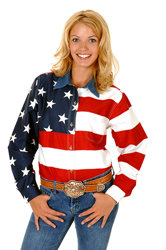 WOMENS RED WHITE AND BLUE STARS AND STRIPES PIECED AMERICAN FLAG LONG SLEEVE WESTERN SNAP SHIRT