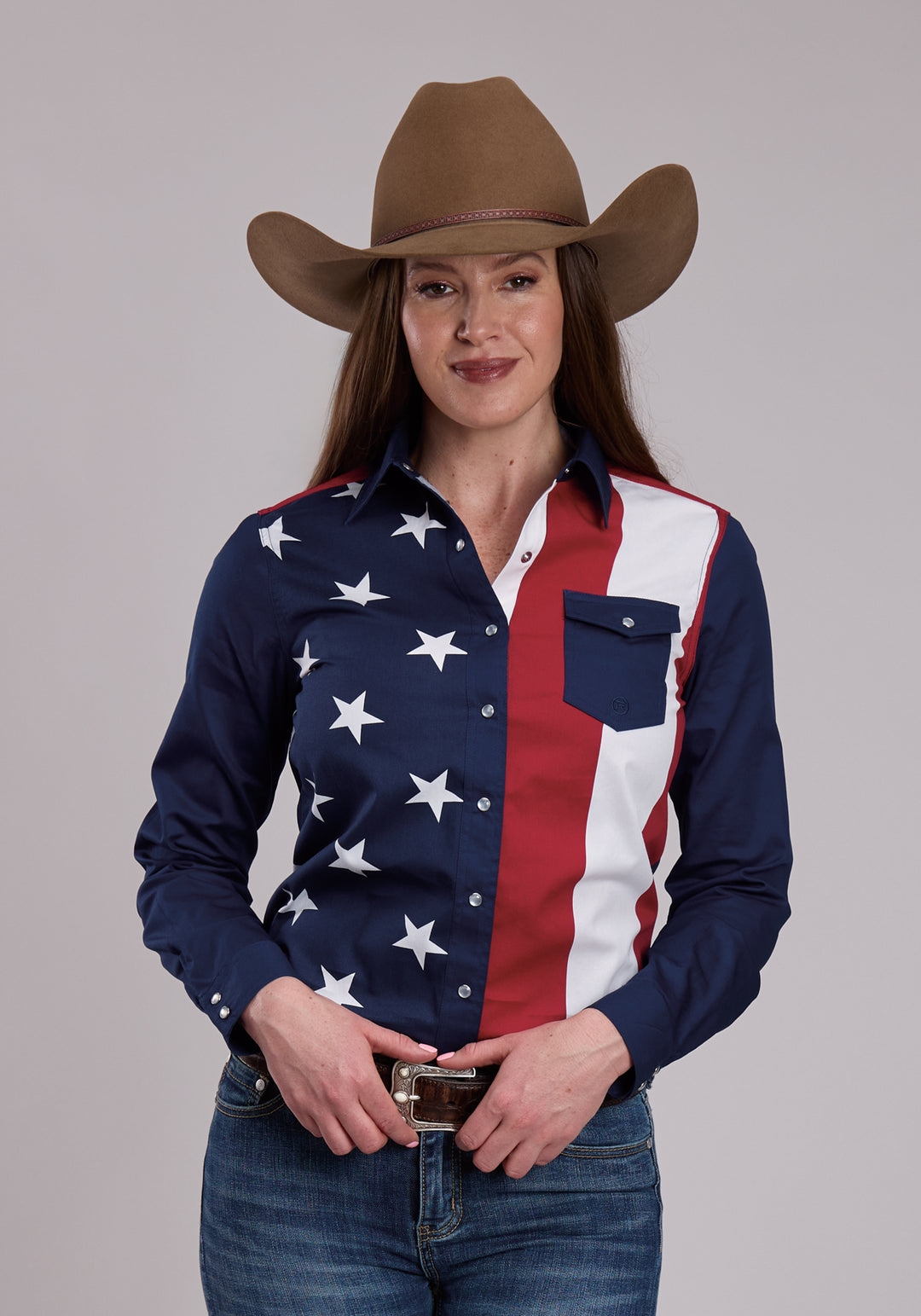 Womens Roper Vertical Stars And Stripe Print Western Snap Shirt