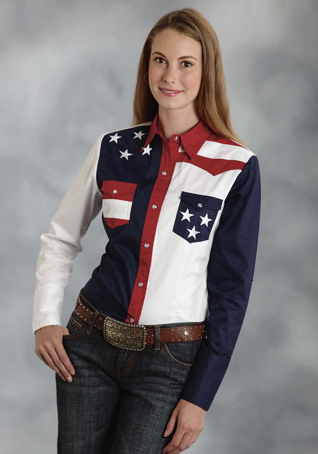 WOMENS RED WHITE AND BLUE COLORBLOCKED PIECED LONG SLEEVE WESTERN SNAP SHIRT