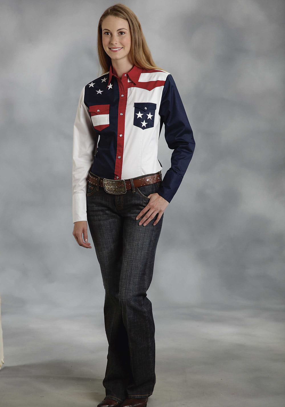 WOMENS RED WHITE AND BLUE COLORBLOCKED PIECED LONG SLEEVE WESTERN SNAP SHIRT