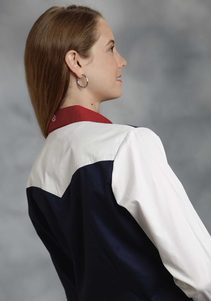 WOMENS RED WHITE AND BLUE COLORBLOCKED PIECED LONG SLEEVE WESTERN SNAP SHIRT