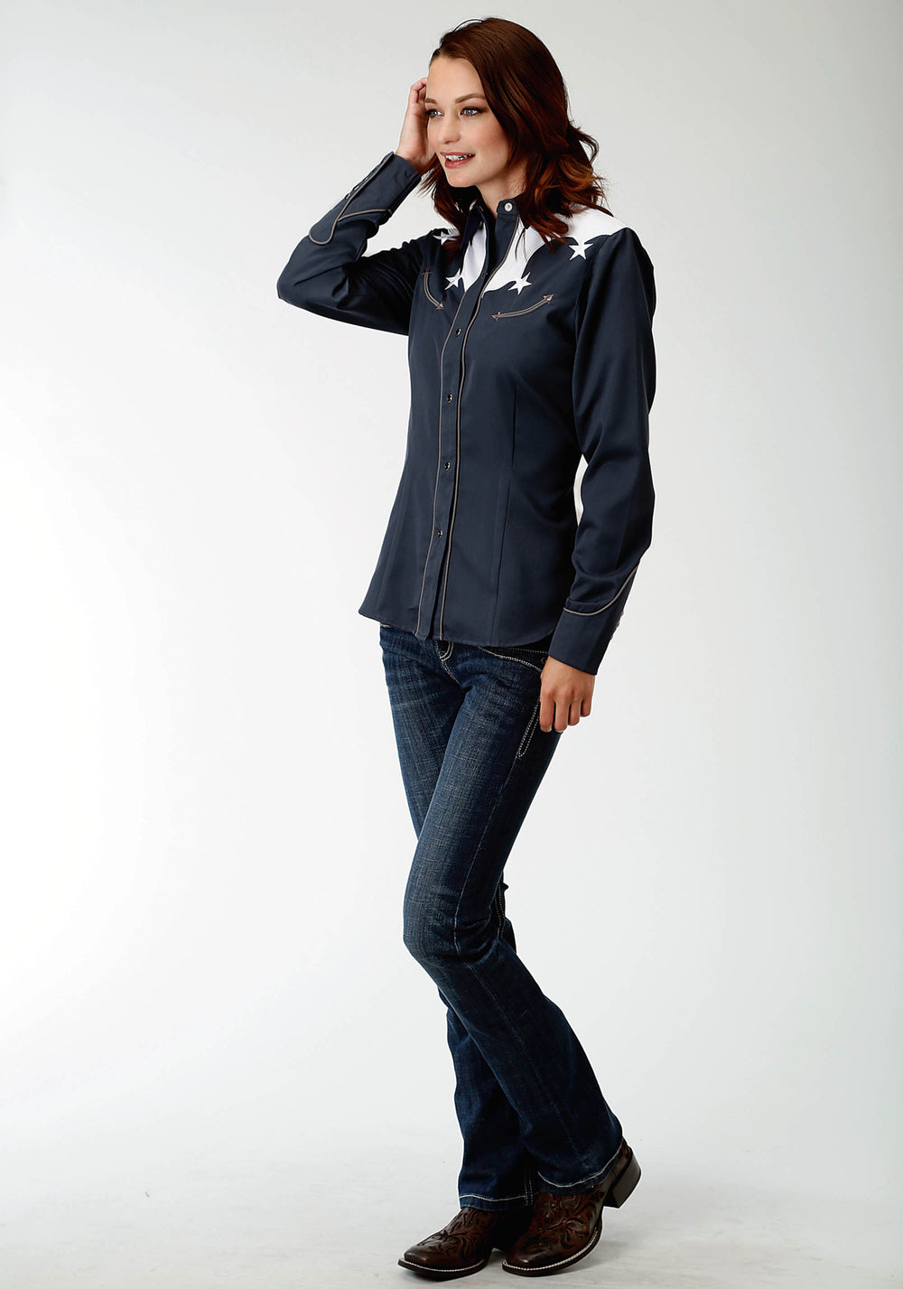 WOMENS BLUE WITH WHITE YOKES AND STARS LONG SLEEVE WESTERN SNAP SHIRT
