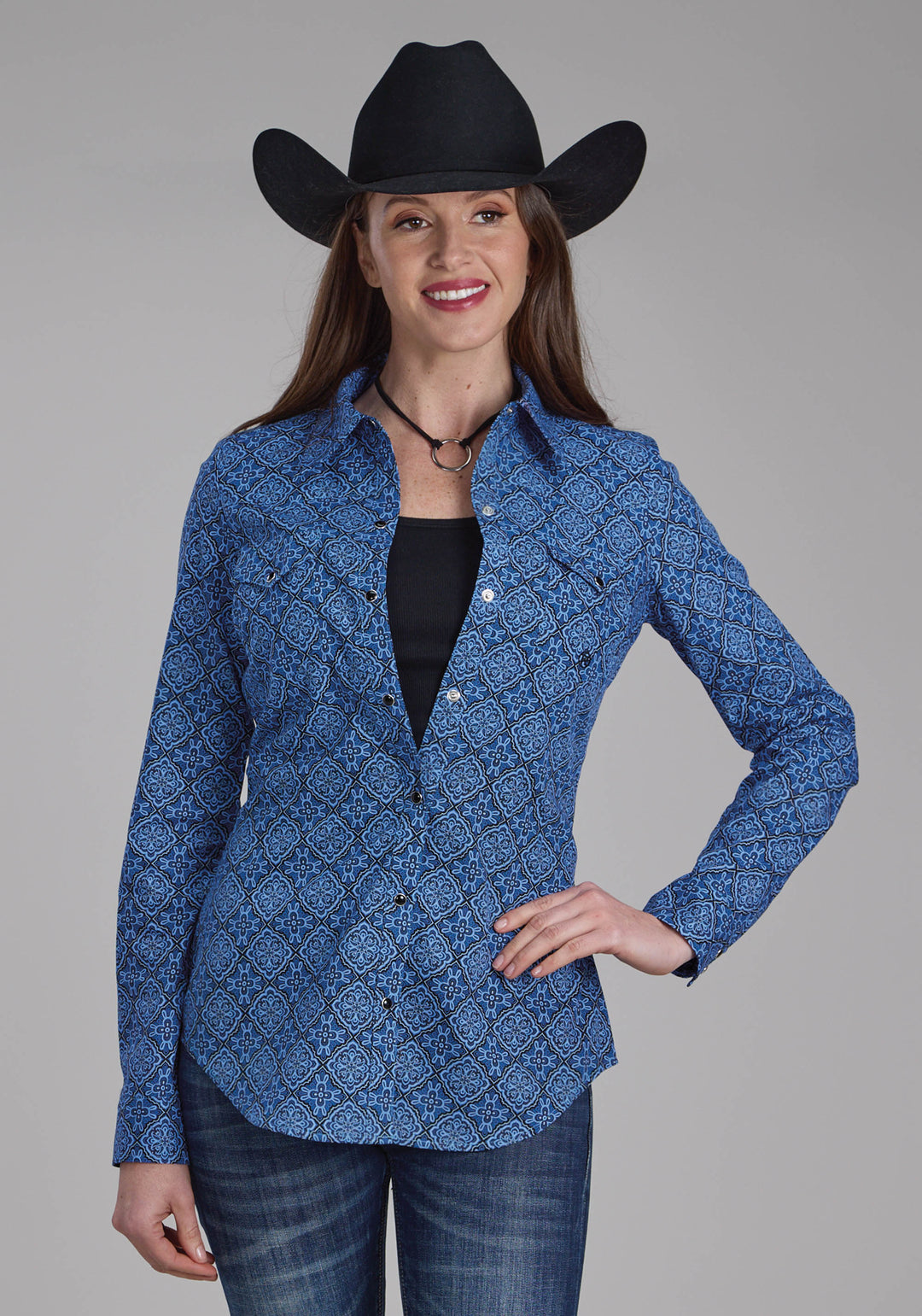 WOMENS SAPHIRE ORNAMENTAL LONG SLEEVE SNAP WESTERN SHIRT