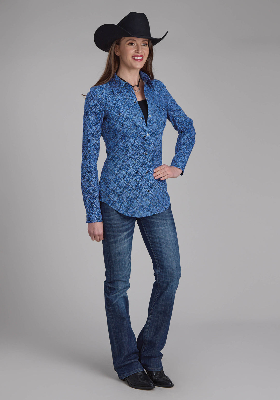 WOMENS SAPHIRE ORNAMENTAL LONG SLEEVE SNAP WESTERN SHIRT