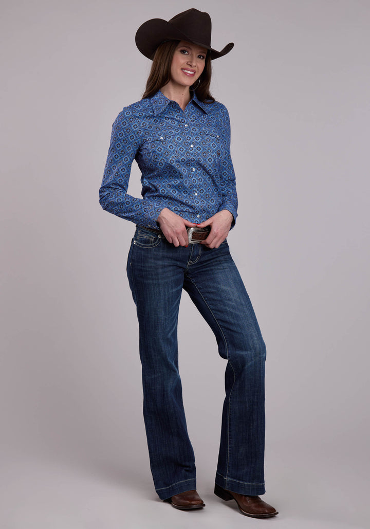 WOMENS LONG SLEEVE SNAP VINTAGE BLUE MEDALLION PAISLEY WESTERN SHIRT