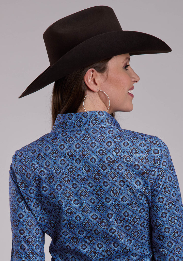 WOMENS LONG SLEEVE SNAP VINTAGE BLUE MEDALLION PAISLEY WESTERN SHIRT