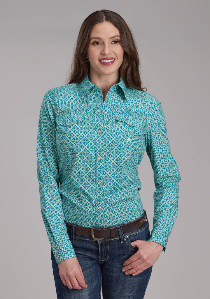 WOMENS STRETCH FOUR POINT FOULARD - TURQ LONG SLEEVE SNAP WESTERN SHIRT