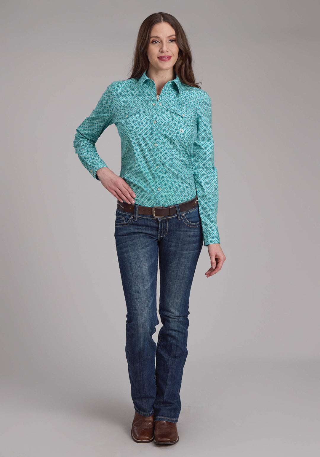 WOMENS STRETCH FOUR POINT FOULARD - TURQ LONG SLEEVE SNAP WESTERN SHIRT