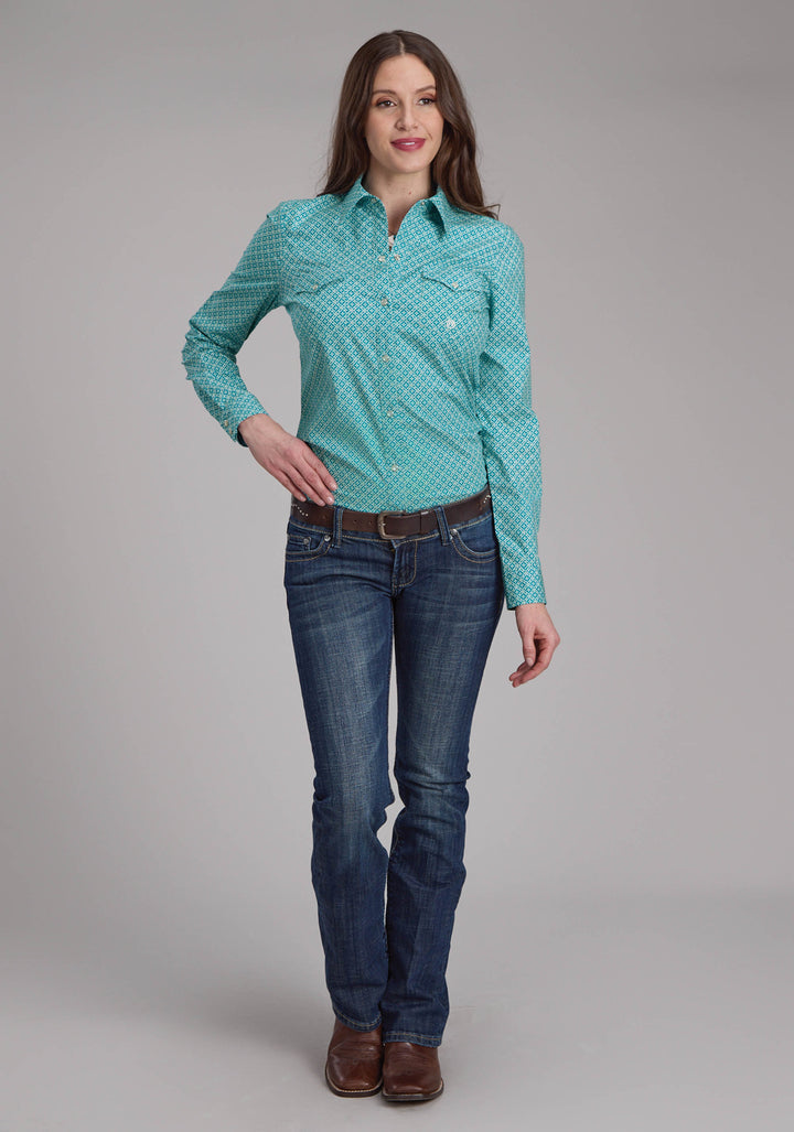 WOMENS STRETCH FOUR POINT FOULARD - TURQ LONG SLEEVE SNAP WESTERN SHIRT