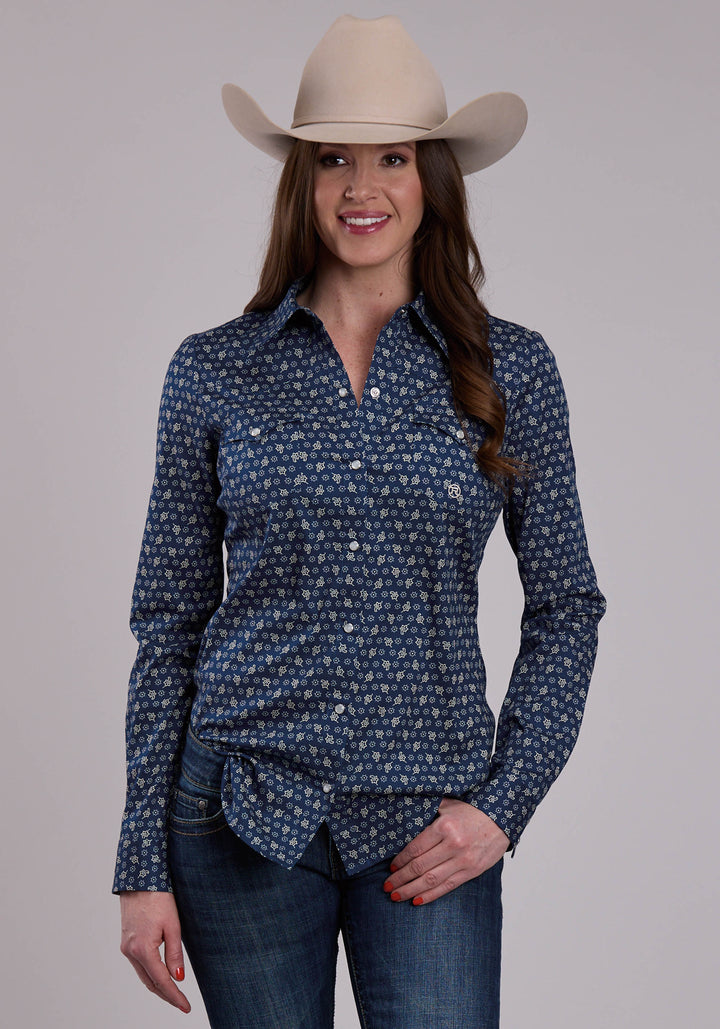 WOMENS LONG SLEEVE SNAP STRETCH POPLIN PAISLEY - NAVY WESTERN SHIRT