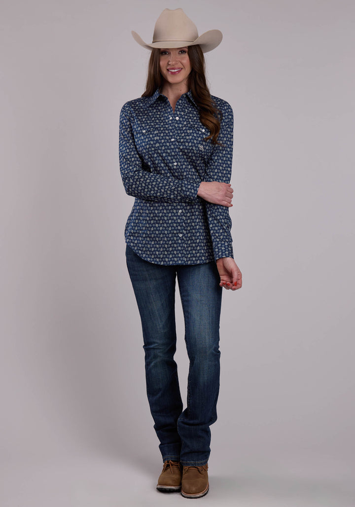 WOMENS LONG SLEEVE SNAP STRETCH POPLIN PAISLEY - NAVY WESTERN SHIRT