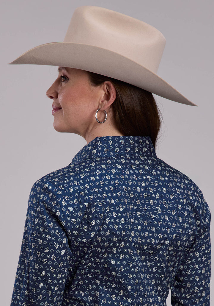 WOMENS LONG SLEEVE SNAP STRETCH POPLIN PAISLEY - NAVY WESTERN SHIRT