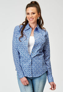 WOMENS LONG SLEEVE SNAP BLUE SKIES TIE PRINT WESTERN SHIRT