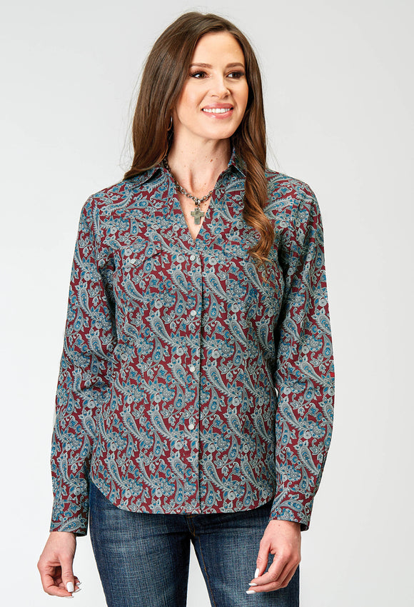 WOMENS LONG SLEEVE SNAP RED RIVER PAISLEY WESTERN SHIRT