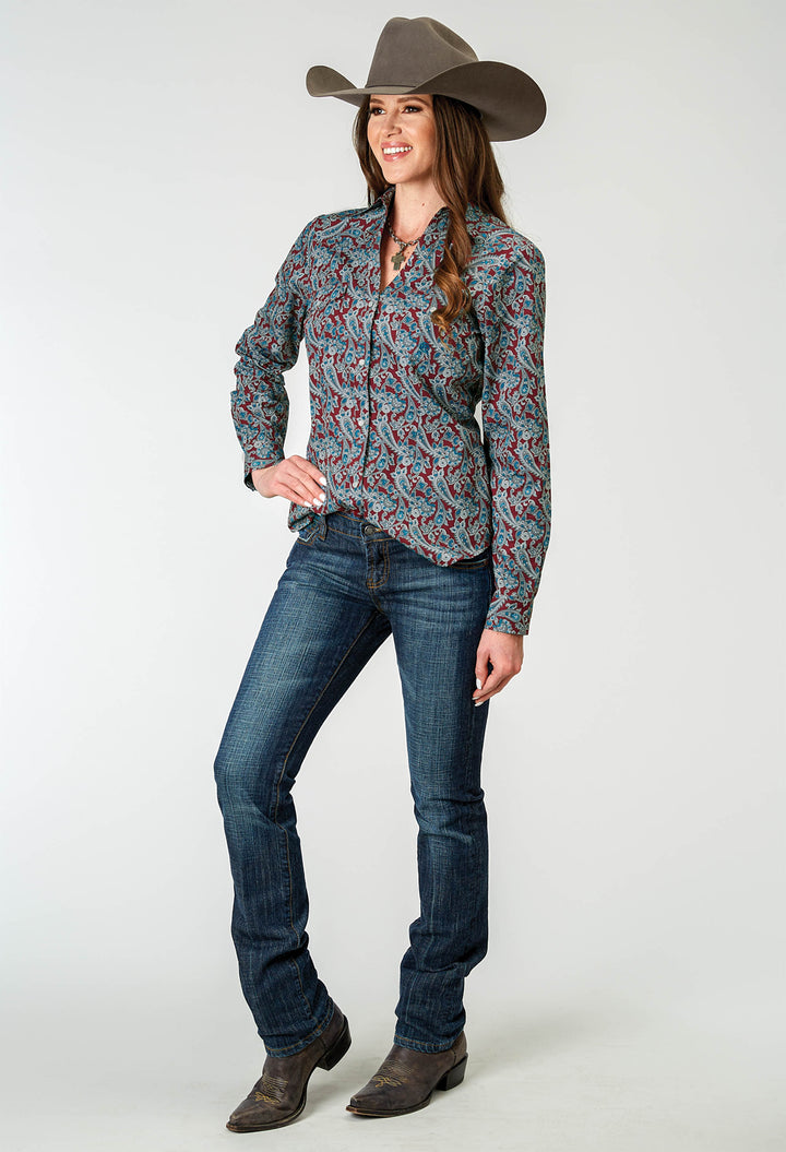 WOMENS LONG SLEEVE SNAP RED RIVER PAISLEY WESTERN SHIRT