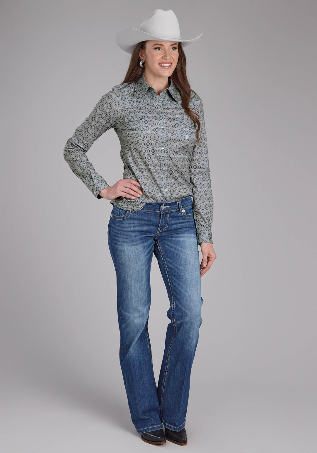 WOMENS STRETCH MEDALLION PAISLEY - GRAY LONG SLEEVE SNAP WESTERN SHIRT